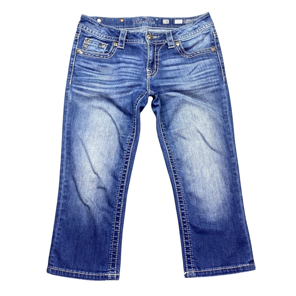 Miss Me Signature Capri Jeans 28 Blue Embellished Thick Stitch JW7537PZ Low Rise